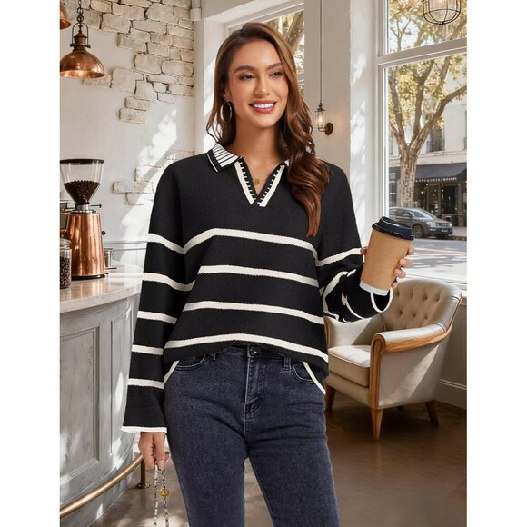 Women’s Black Fall Polo Sweater Striped V Neck Long Sleeve Pullover - Picture 6 of 6